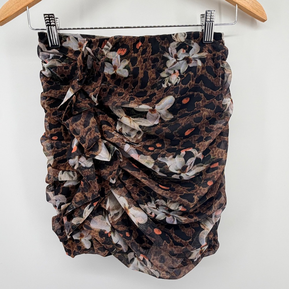 AllSaints Giulia Alessandra Mini Skirt Size 0 Leopard Floral‎ Ruched Mesh Brown